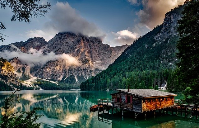 Gorgeous pier on a lake in the mountains