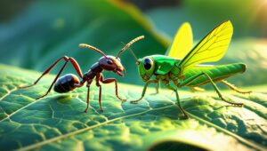 ant and grasshopper on a leaf