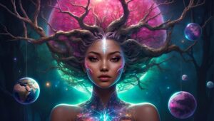 woman with roots and planets