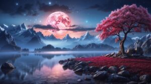 pink leaved tree next to a mountain lake and a pink moon