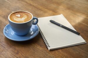 coffee, pen and paper