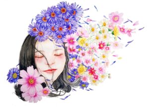 woman with flowers all over her head
