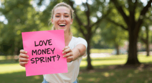 a lady holding a note saying "Love Money Sprint"