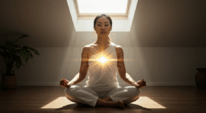 woman meditating with a light in her chest