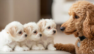 3 maltese puppies and a poodle