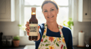 a lady holding a bottle of secret sauce
