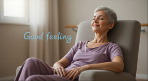 a woman sitting on a couch smiling