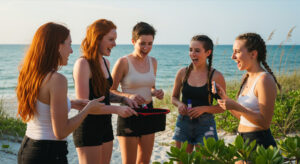 a group of women on the beach