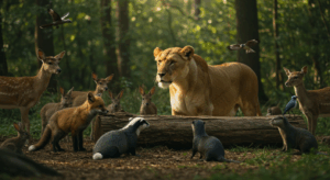 lioness and other animals in the forest