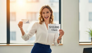 woman holding a 10k client note