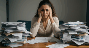 woman in files of bills