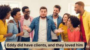 a man talking and his company is laughing