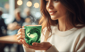 a woman holding a cup of coffee