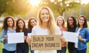 a woman holding a note saying Build Your Dream Business