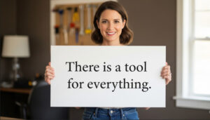 create an image of a lady holding a big note saying "There is a tool for everything" 