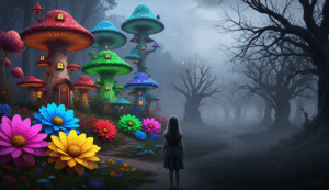 a girl in a fantasy world of mushrooms