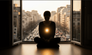 a woman in her silence amidst the chaos outside