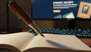 a pen in a blank book