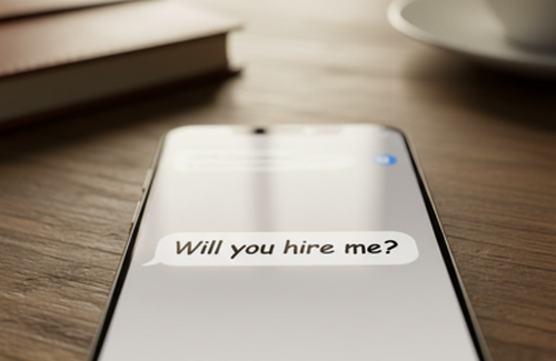 cellphone with note Will you hire me