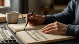 man drawing on a sketch pad