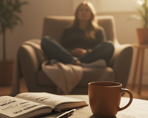 silhoutte of a lady with a cup of coffee on the table