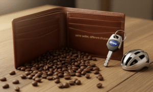 wallet, key, helmet and coffee beans