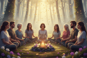 A serene circle of people sitting quietly in nature at dawn