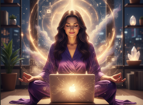 A serene woman sits cross-legged in front of a glowing laptop