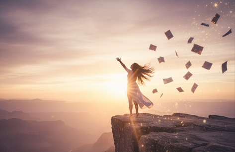 a woman standing at the edge of a cliff at sunrise