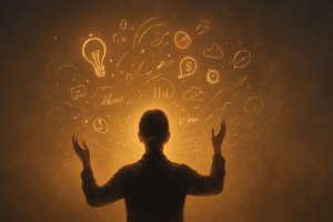 A person standing with arms subtly raised like a conductor, guiding floating symbols