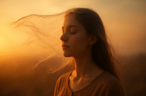 A woman standing in soft golden light