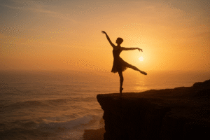a lady dancing at the end of a cliff