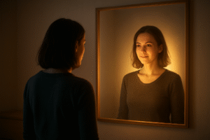 a lady facing herself in the mirror