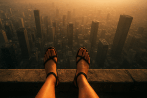 a woman at the edge of a building