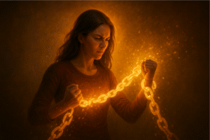 a woman breaking a golden chain of thoughts
