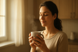 a woman holding a cup of coffee