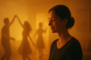 a woman smiling with dancing silhouette in the background