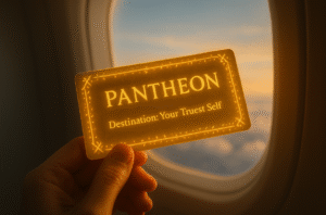 golden boarding pass labeled Pantheon – Destination Your Truest Self 