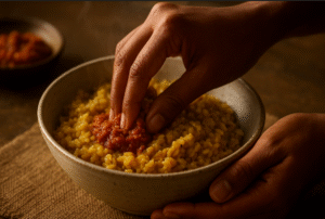 hand picking kitchari from the bowl