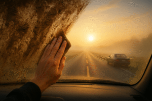hand wiping a muggy windshield