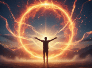 silhouette of a person standing before a massive circular portal
