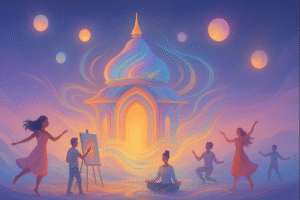 whimsical temple made of light and color