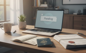 a passport on the table with computer open