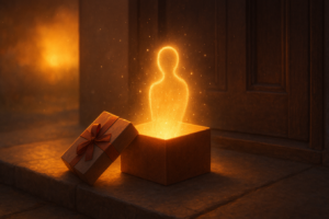 an empty gift box with a silhoutte of a man