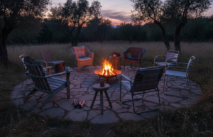 A circle of mismatched chairs surrounds a small, low fire glowing softly