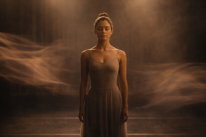 A dancer stands completely still at center stage
