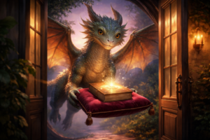 a dragon delivering a book 