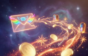 a glowing email envelope in mid-air transforming into streams of golden light 