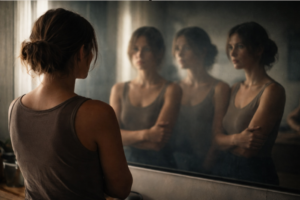 a lady looking at the mirror with multiple different reflection
