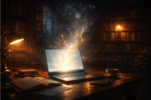 a laptop inside a library 